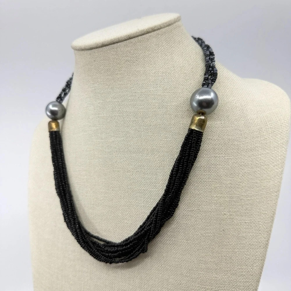 Necklace Black Seed Bead Multi Strand Gray Faux Pearl Boho Statement Collar Gold